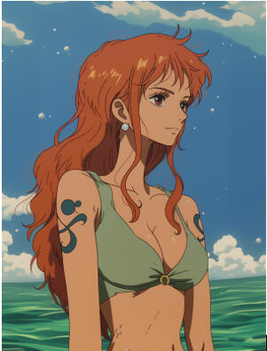 Nami in Ghibli Style (Character Expansion) Produces a re-styled portrait of Nami (One Piece) with Studio Ghibli’s painterly, luminous qualities — softer outlines, expressive eyes, and whimsical background elements.